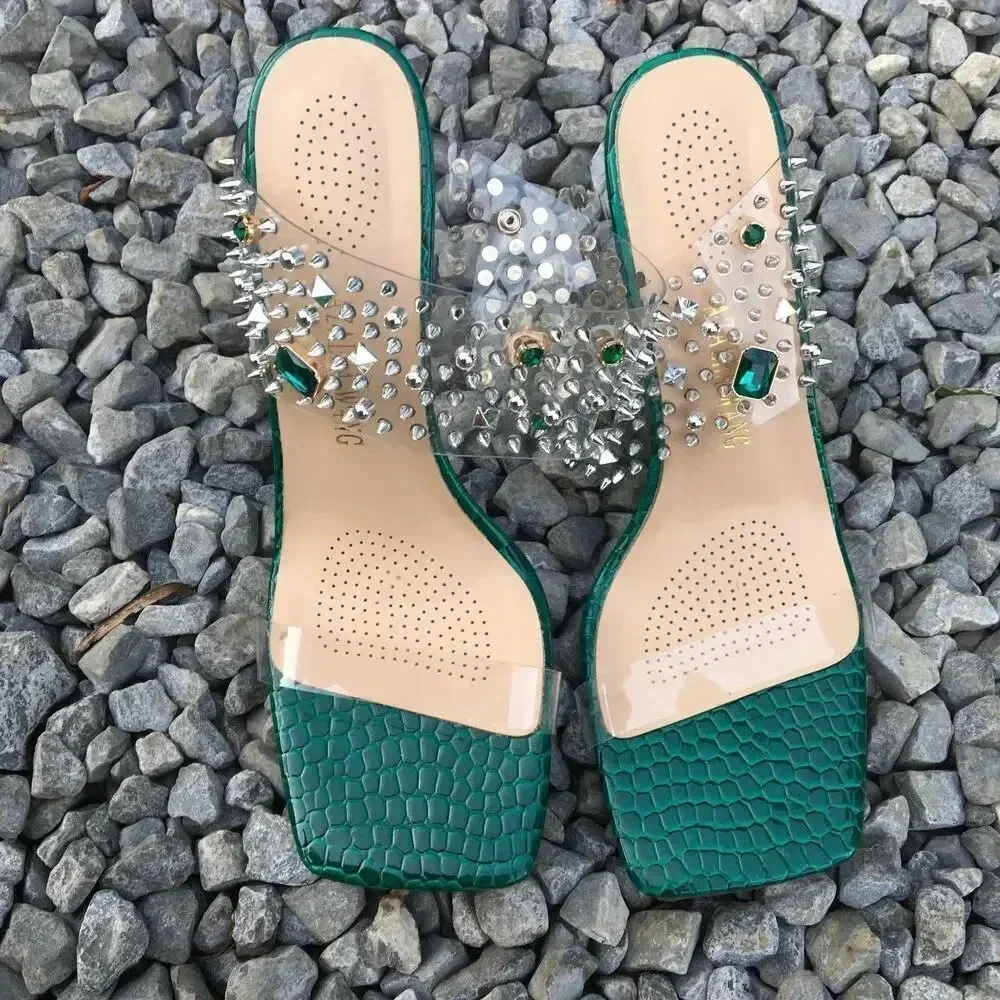Azalea Wang Women Size 8.5 Studded Square Open Toe Green Mya Heels